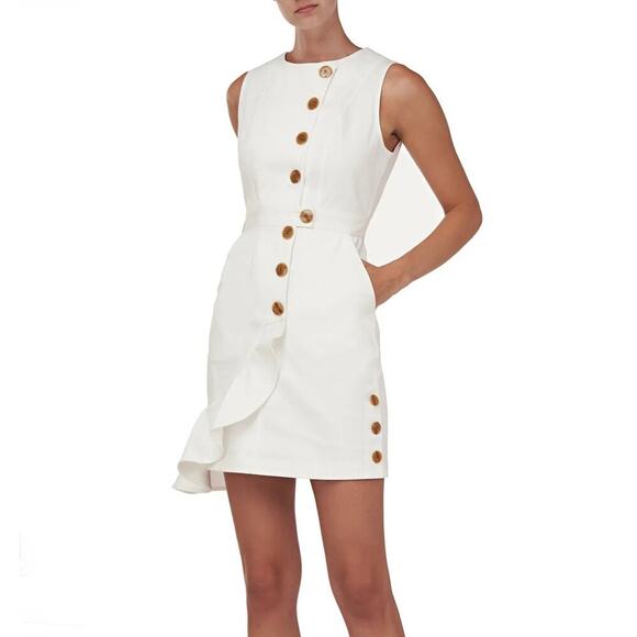 AMUR Beba Dress Sleeveless Button-Front Mini Organic Cotton Blend Denim White 8 - Picture 1 of 8